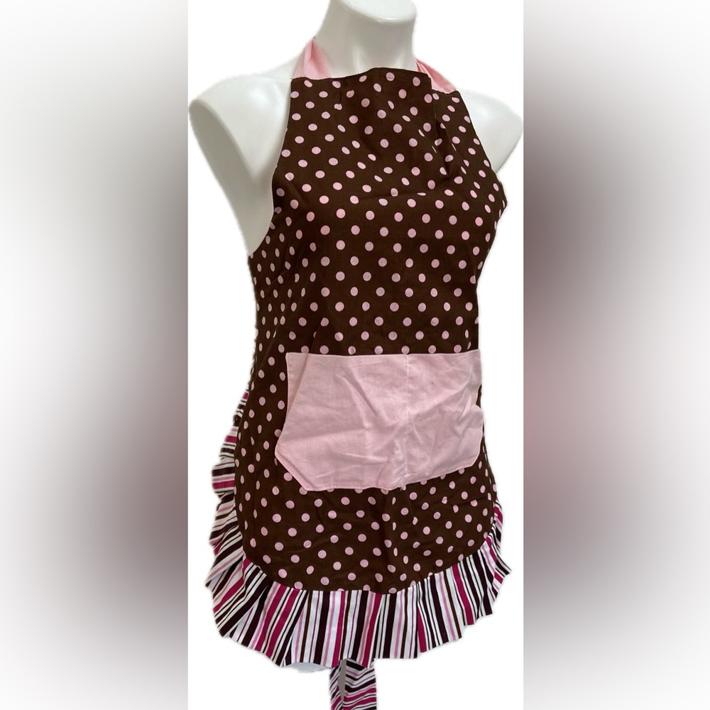 FLIRTY APRONS RETRO LOOK PINK POLKA DOT CANDY STRIPE RUFFLE APRON